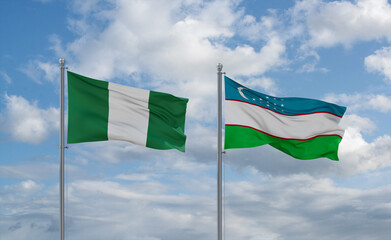 Uzbekistan and Nigeria flags, country relationship concept