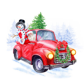 Watercolor red truck with Santa, Christmas tree, gifts and snowman rides on snow way from the forest, on white background