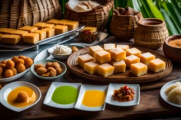 A Thai dessert platter with a variety of sweet treats, such as coconut custard squares, Khanom Krok (coconut pancakes), and colorful Khanom Chan