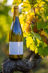 Boutielle de vin blanc au milieu des vignes en automne avec une étiquette blanche pour vos mockup.