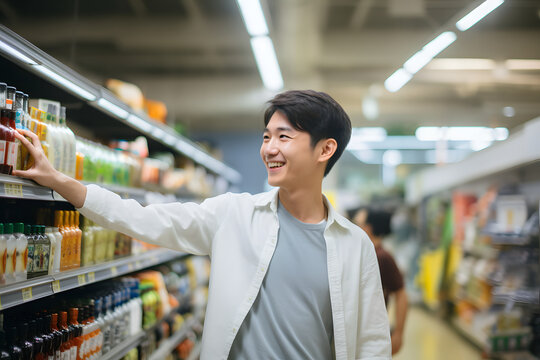 young adult Asian man choosing a product in a grocery store. Neural network generated image. Not based on any actual person or scene.
