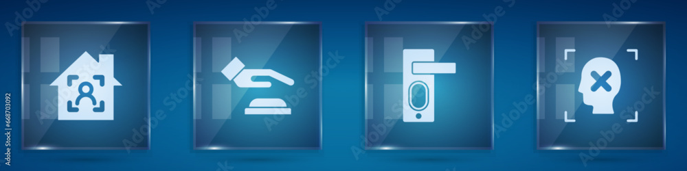 Poster set smart home with face id, palm print recognition, fingerprint door lock and rejection. square gla