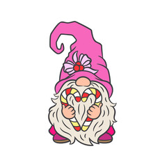 Cute Christmas gnome holding candy canes in heart shape. Charming pinkmas trend vector illustration. Adorable gnome with striped sugar cane. Love message for festive projects, greeting cards, decor.