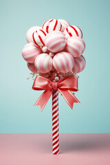 xmas background of a white and pink candy with a ribbon bow and a ribbon, with a bow on a pink background.