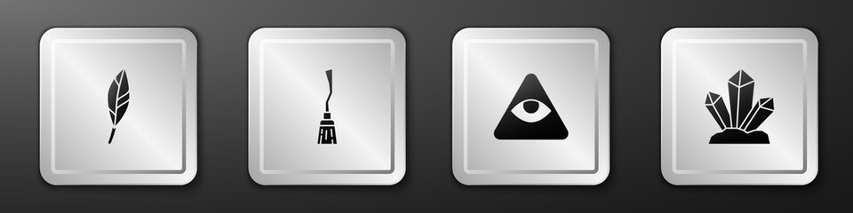 Set Magic feather, Witches broom, Masons and stone icon. Silver square button. Vector