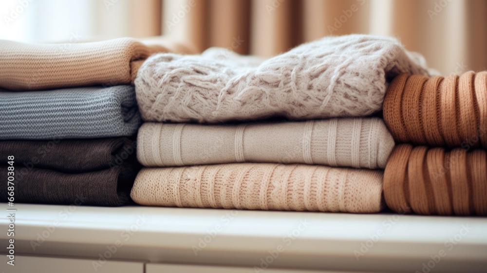 Poster A stack of sweaters on a shelf, AI