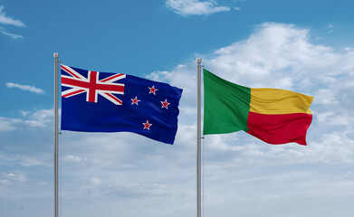 Benin and New Zealand flags, country relationship concept