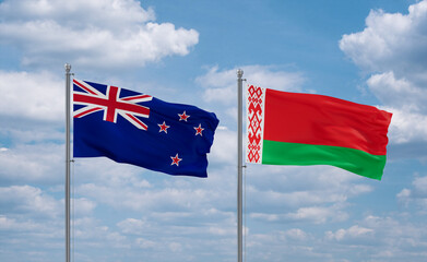 Belarus and New Zealand flags, country relationship concept