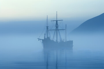 spectral ghost ship at foggy morning or evening. Neural network generated image. Not based on any actual person or scene.