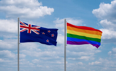 Gay Pride and New Zealand flags, country relationship concept