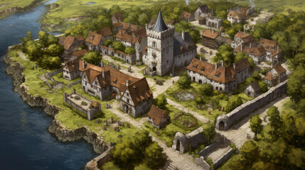 Fototapeta na wymiar DnD Map Medieval Village from Above