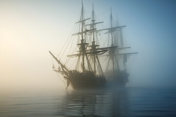 Obraz premium spectral ghost ship at foggy morning or evening. Neural network generated image. Not based on any actual person or scene.