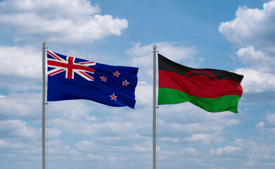 Malawi and New Zealand flags, country relationship concept