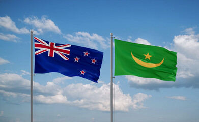 Mauritania and New Zealand flags, country relationship concept
