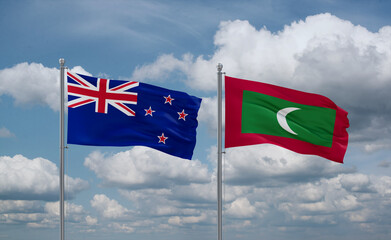 Maldives and New Zealand flags, country relationship concept