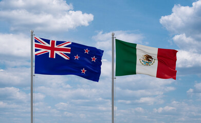 Mexico and New Zealand flags, country relationship concept