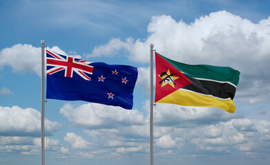 Mozambique and New Zealand flags, country relationship concept
