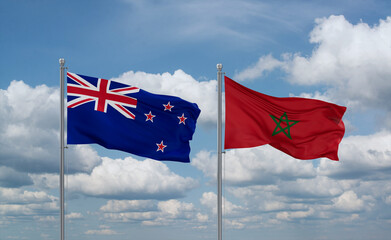 Morocco and New Zealand flags, country relationship concept