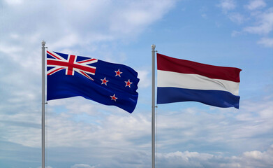 Netherlands and New Zealand flags, country relationship concept