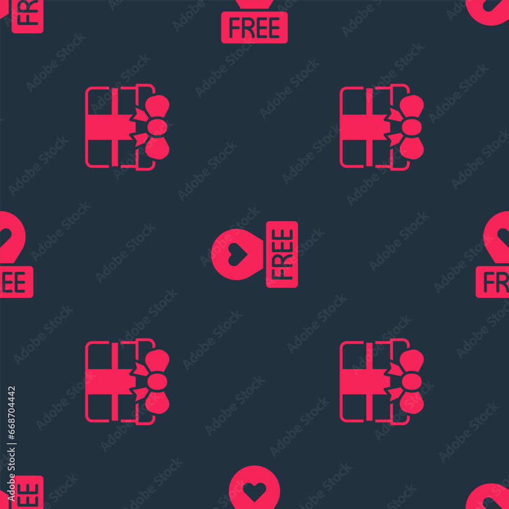 Poster set gift box and location with heart on seamless pattern. vector