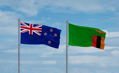 Zambia and New Zealand flags, country relationship concept