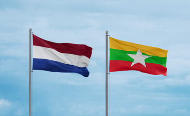 Myanmar and Netherlands flags, country relationship concept