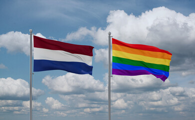 Gay Pride and Netherlands flags, country relationship concept
