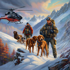 Illustration sauveteurs avec leurs chiens en haute montagne. - obrazy, fototapety, plakaty