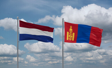 Mongolia and Netherlands flags, country relationship concept