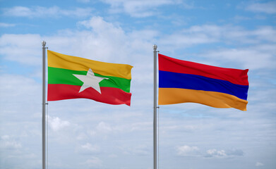 Armenia and Myanmar flags, country relationship concept