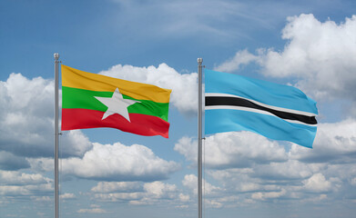 Botswana and Myanmar flags, country relationship concept