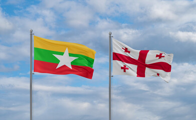 Georgia and Myanmar flags, country relationship concept