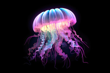 Beautiful Colorful Glowing Jellyfish on black background. Generative AI