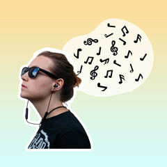 Young woman headphones musical notes cloud social media ad creative digital art collage. Listen to music play sound app song playlist podcast. Online streaming platform Green leaf wings Modern graphic