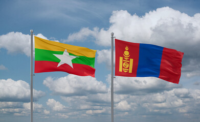 Mongolia and Myanmar flags, country relationship concept