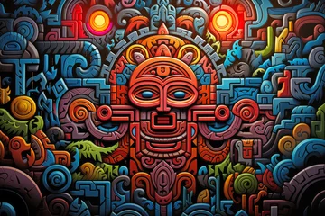 Fotobehang Ancient Psychedelia Mesoamerican Colorful Ritual Pattern extreme closeup. Generative AI © doomu