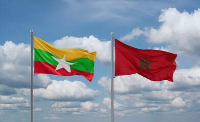 Morocco and Myanmar flags, country relationship concept