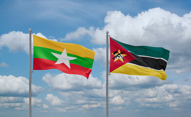 Mozambique and Myanmar flags, country relationship concept