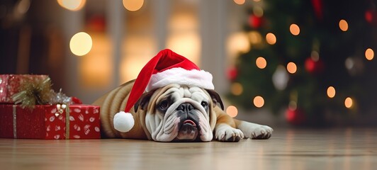 Merry Christmas xmas home animal pet holiday celebration - Funny bulldog dog with santa claus hat lying on the floor, gift boxes and christmas tree in the background