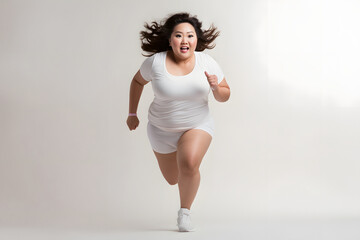 Overweight young adult Asian woman running on white background, concept of overweight and weight loss. Neural network generated image. Not based on any actual person or scene. - obrazy, fototapety, plakaty