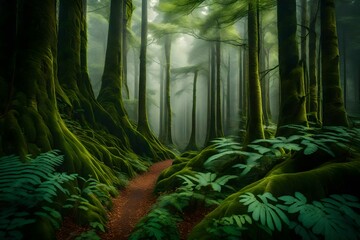 A sun-dappled forest path with vibrant green ferns and moss-covered rocks, inviting you to explore deeper into the woods