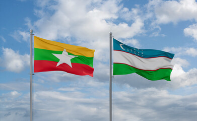 Uzbekistan and Myanmar flags, country relationship concept