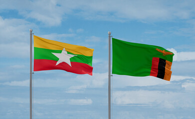 Zambia and Myanmar flags, country relationship concept