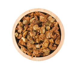 Dried chrysanthemum buds for herbal tea on wooden bowl, dry chrysanthemum flower yellow on transparent png