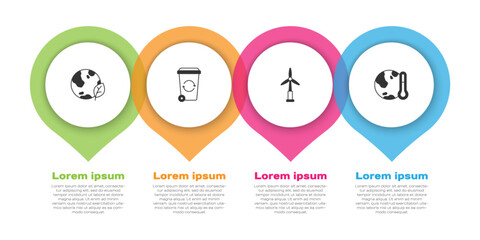 Set Earth globe and leaf, Recycle bin, Wind turbine and melting to global warming. Business infographic template. Vector