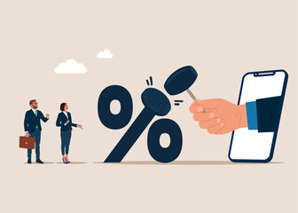 Using hammer to nailed percentage sign to the floor. Federal Reserve low interest rate. Flat vector illustration