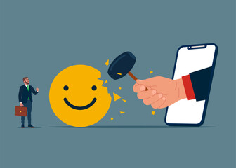 Uses sledgehammer and attack emoji sign. Bad review for product, rating to product. Vector illustration.