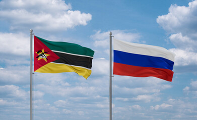 Russia and Mozambique flags, country relationship concept