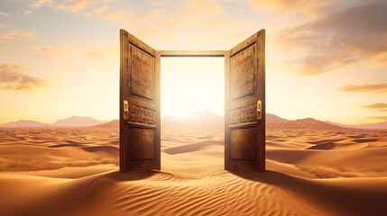 Surreal image of open door on sand dune  in middle of the desert at sunset