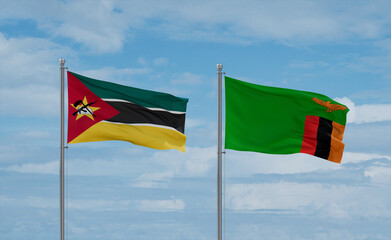 Zambia and Mozambique flags, country relationship concept